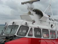Closeup of the bow of the craft showing the RADAR antennae, air scoop, and original front-loading access bow ramp
